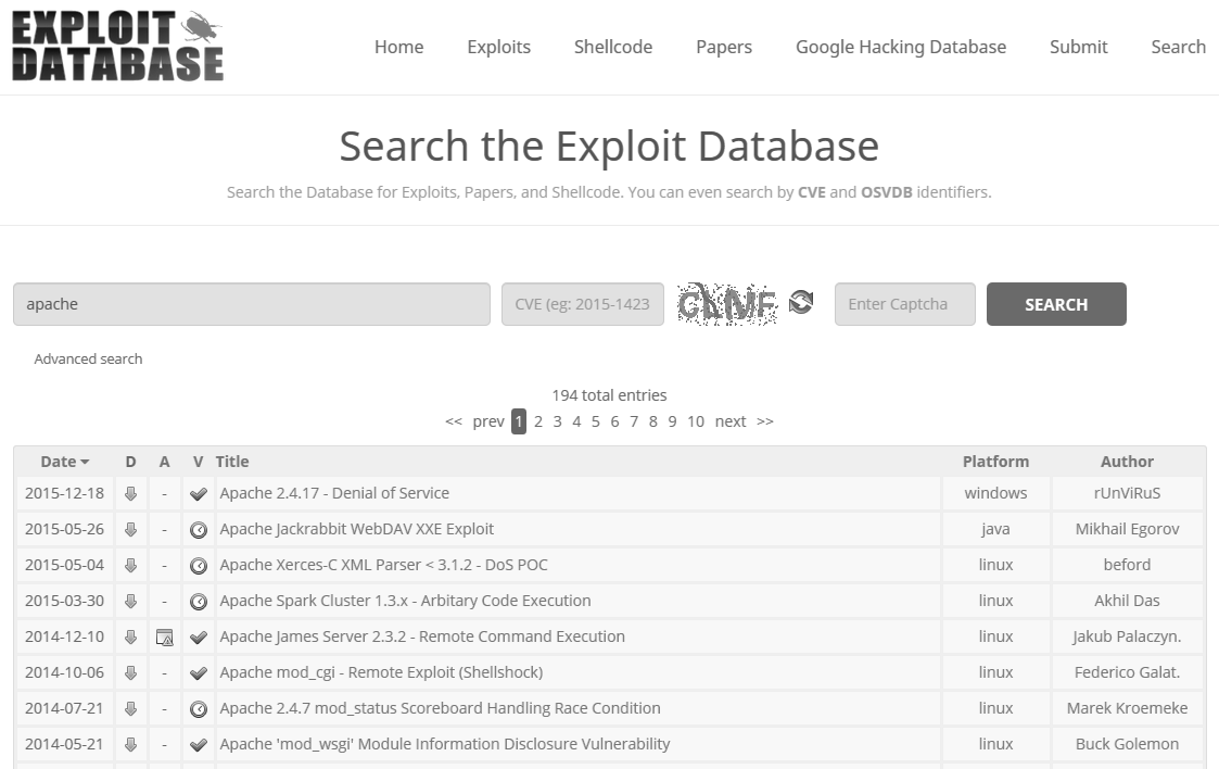 Výsledky vyhledávání na webu exploit-db.com