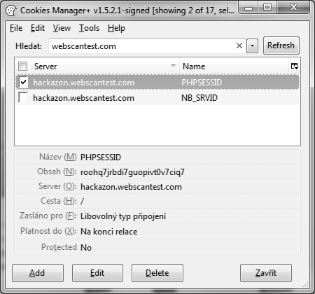 Doplněk Cookies Manager+ pro Firefox, session cookie pojmenované PHPSESSID prozrazuje použití PHP