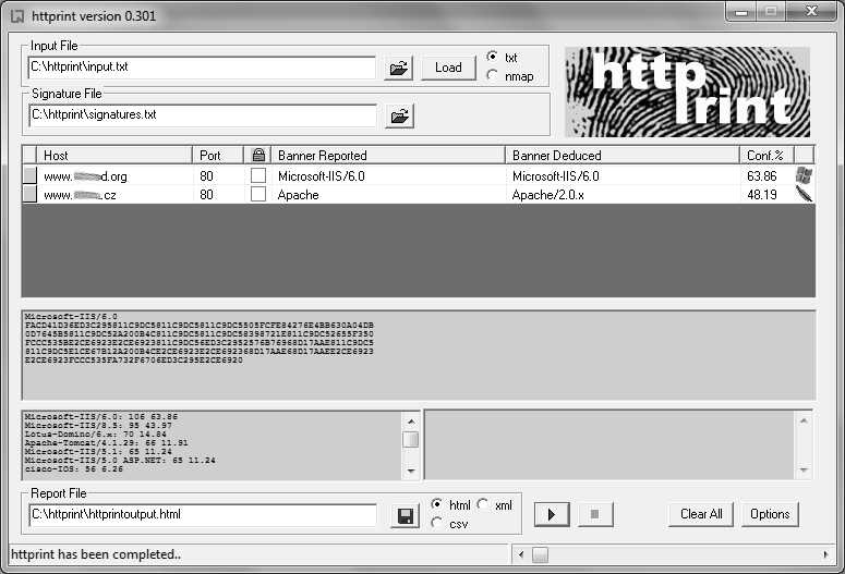 Grafické rozhraní Windows verze nástroje httprint