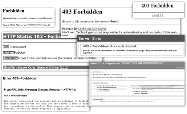 Ukázky několika defaultních chybových stránek se stavovým kódem 403