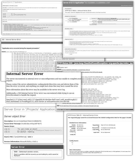Ukázky několika defaultních chybových stránek se stavovým kódem 500