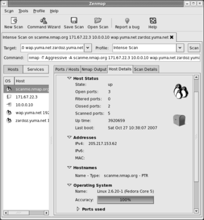 Snímek nástroje Zenmap (grafické nástavba Nmapu)