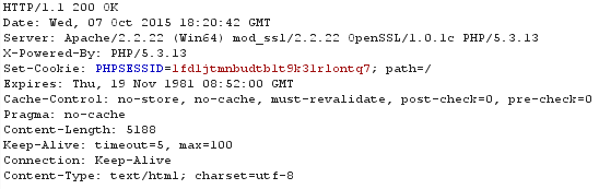 Výpis response serveru s HTTP hlavičkou Set-Cookie